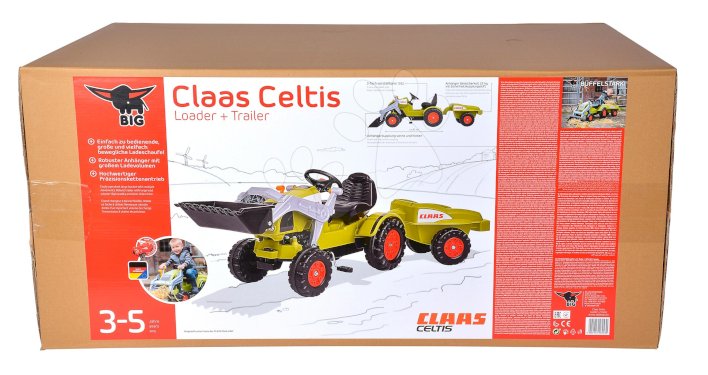BIG, pedaltraktor m/ frontlæsser og vogn, Claas Celtis