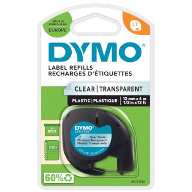 DYMO Letratag plastiktape, sort på klar, 12mm x 4m Roll, selvklæbende