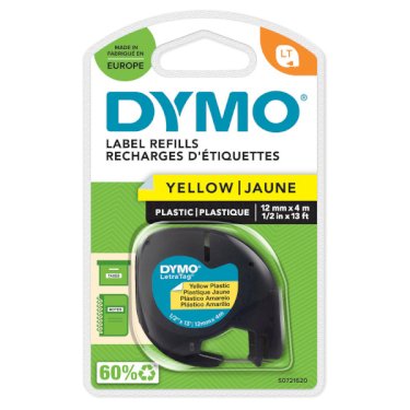 DYMO Letratag plastiktape, sort på gul, 12mm x 4m rulle, selvklæbende