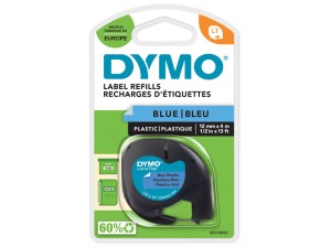 DYMO Letratag plastiktape, sort på blå, 12mm x 4m rulle, selvklæbende