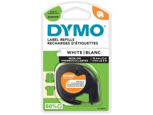 DYMO Letratag påstrygningsetiketter, 12mm x 2m, sort på hvid