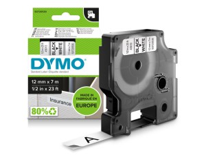 DYMO D1 tape, 12mm x 7m rulle, sort på hvid, selvklæbende tape.