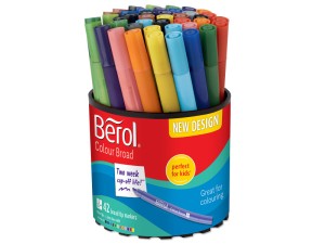 Berol filtspids farvetuscher, tyk spids (1,2 mm), vaskbare, forskellige farver, bøtte med 42 styk