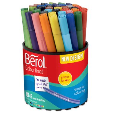 Berol filtspids farvetuscher, tyk spids (1,2 mm), vaskbare, forskellige farver, bøtte med 42 styk