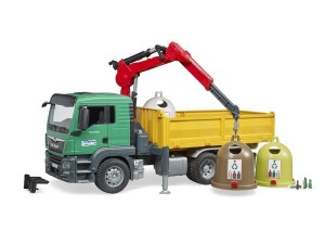 Bruder Man TGS Lastbil m/ lastekran og 3 genbrugscontainere
