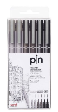 Uni Pin, fineliner, 6 stk. sorte/grå